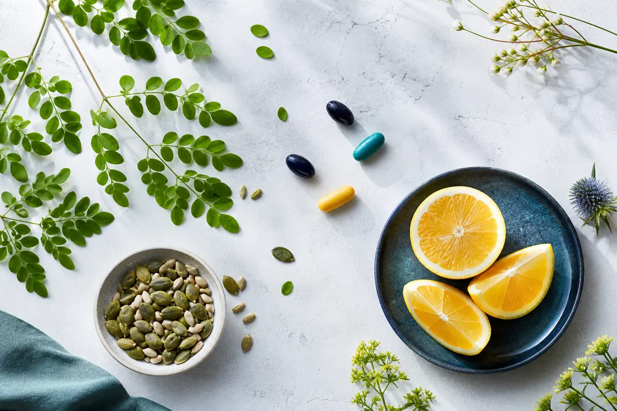 Moringa leaves, citrus, seeds and vitamins arranged on a light surface