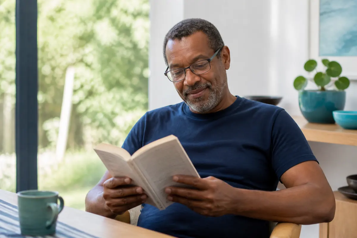 Man wearing reading glasses and enjoying a book by a bright window